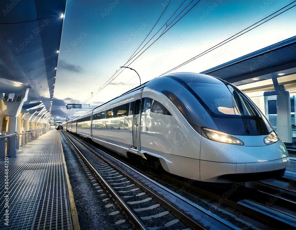 Naklejka premium A high-speed train running on a smart rail system, with digital ticketing stations, automated train schedules, and energy-efficient design. The train is equipped with sensors and cameras for safe trav