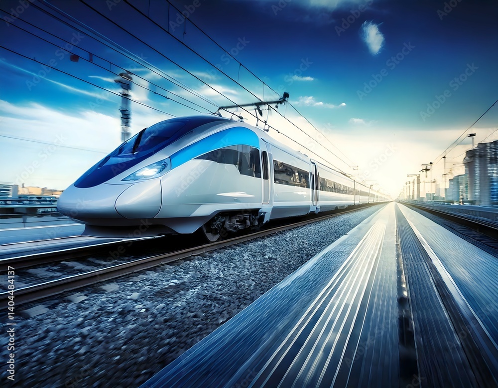 Naklejka premium A high-speed train running on a smart rail system, with digital ticketing stations, automated train schedules, and energy-efficient design. The train is equipped with sensors and cameras for safe trav