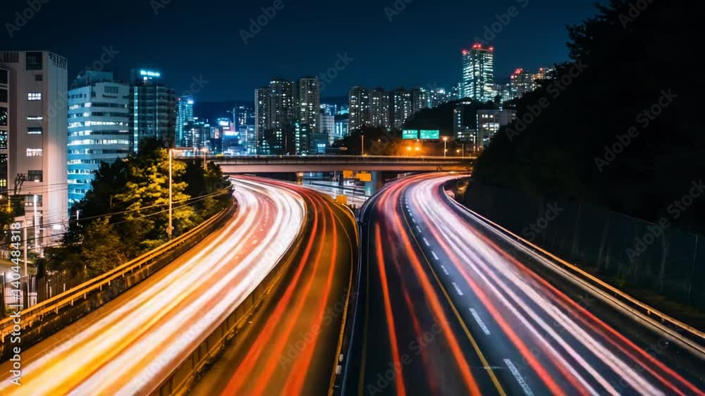 Cityscape light trails capture the vibrant night movement of Seoul's bustling expressways