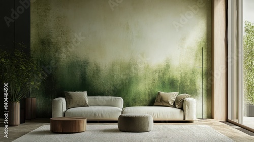 A modern living room with a muted green and beige ombre wall. photo