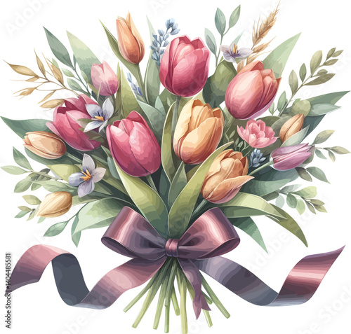watercolor Tulip Bouquet Flower Clipart tide by ribbon 