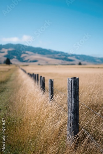 lone rustic wooden fence with sunlit pastures extending into background