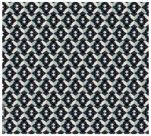 A geometric pattern featuring interlocking shapes in dark blue, light blue, and cream colors, creating a rhythmic and symmetrical design.