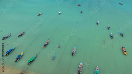 Aerial view of Ko Surin Marine National Park. Traditional long-tail boats and houses of Moken tribe Village or Sea Gypsies and tropical waters of Surin Islands in Thailand, Phang Nga.