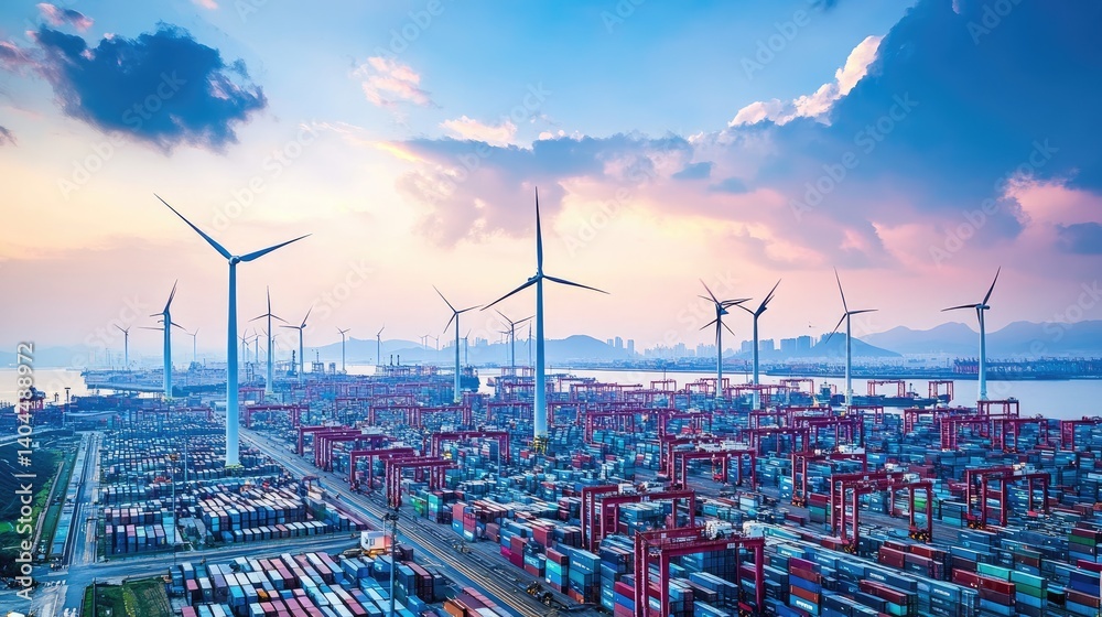 Wind turbines visible in distance behind rows of port containers