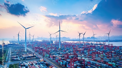 Obraz na płótnie Wind turbines visible in distance behind rows of port containers w salonie
