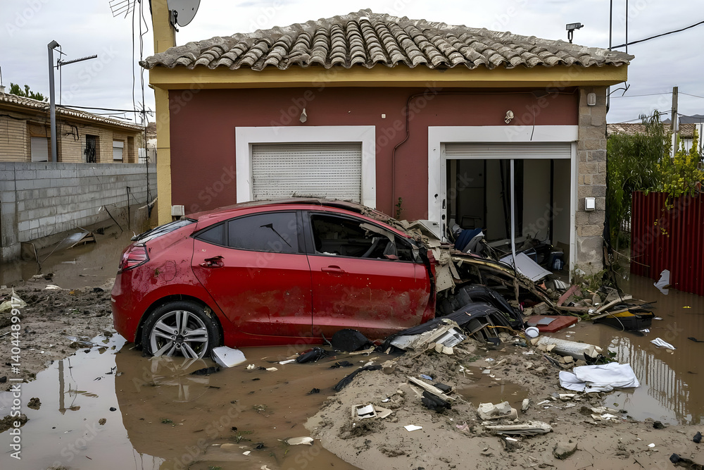 Fototapeta premium Flood Damaged Car Near House Debris and Mud