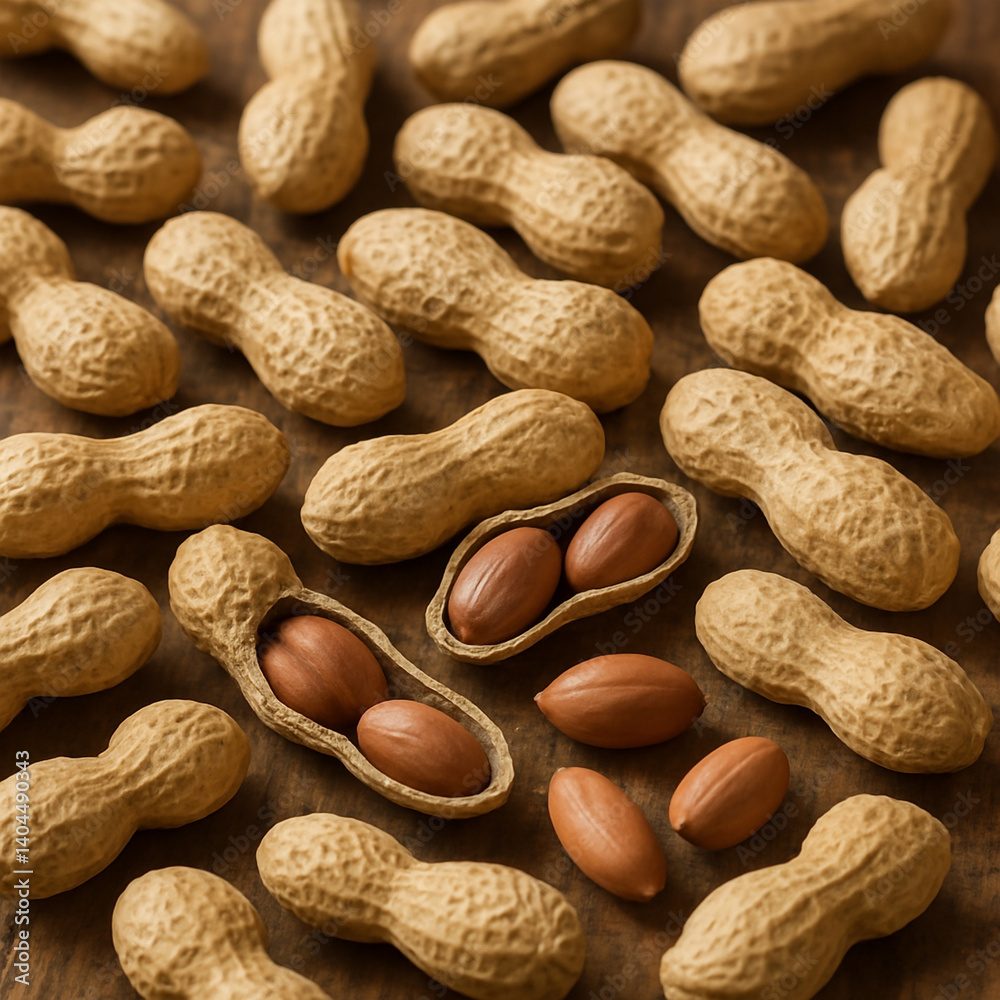 A natural spread of unshelled peanuts on a rustic wooden surface, some cracked open to reveal the kernels inside A natural spread of unshelled peanuts on a rustic wooden surface, some cracked open to reveal the kernels inside