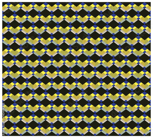 A vibrant geometric pattern featuring interlocking diamonds in shades of yellow, blue, and green against a dark background.