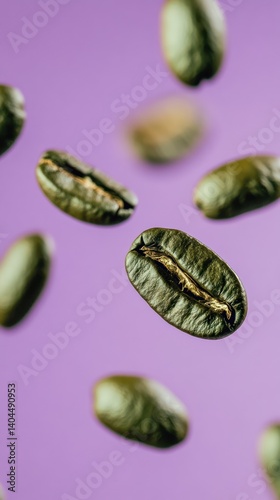 Green coffee beans suspended in mid-air against a vibrant purple backdrop. photo