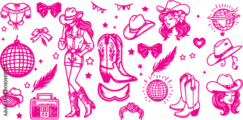 Cowgirl coquettish groovy party icon set vector hand drawn western bachelorette dancing doodle. American traditional hat, cowboy boots, disco ball, country woman face. Pink ribbon, cowgirl party print