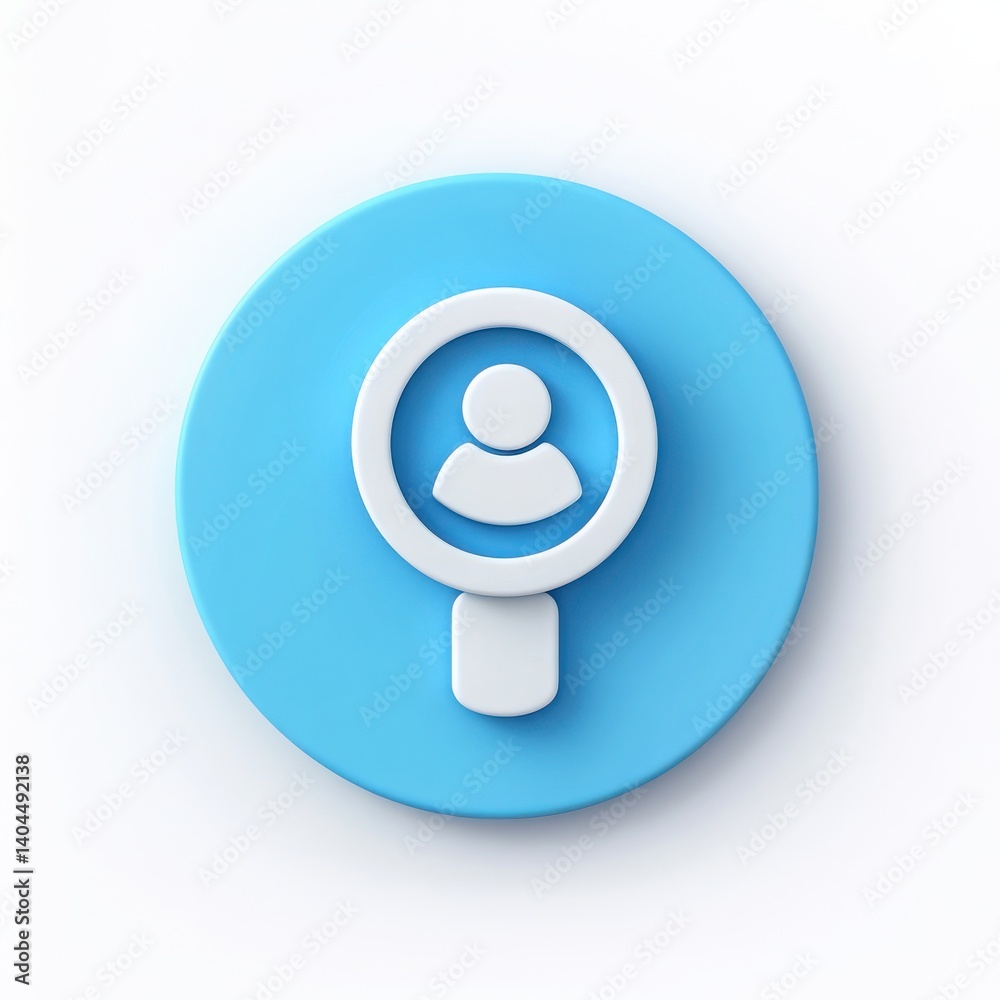A blue circle with a white magnifying glass person icon in center A blue circle with a white magnifying glass person icon in center