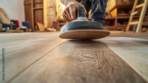 Carpenter sanding wooden planks in a workshop. Featuring woodworking and finishing touches