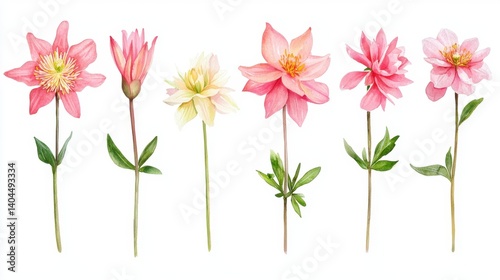 Presenting a charming collection of six watercolor Columbine flowers, each meticulously rendered to capture the delicate beauty of nature These isolated floral illustrations showcase the Columbine in