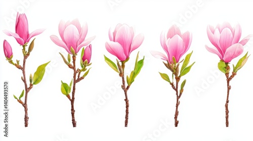 The image showcases a delicate series of watercolor Magnolia blossoms, each painted with meticulous detail and soft, flowing strokes The gentle pink hues of the petals create a serene and calming