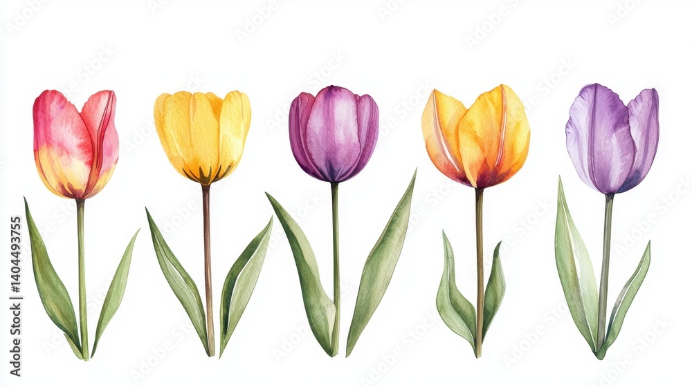 Naklejka premium These watercolor tulips, a study in delicate hues, dance across the canvas, each pose a testament to nature's grace From the soft blush of pink to the sunny warmth of yellow, and the regal depth of
