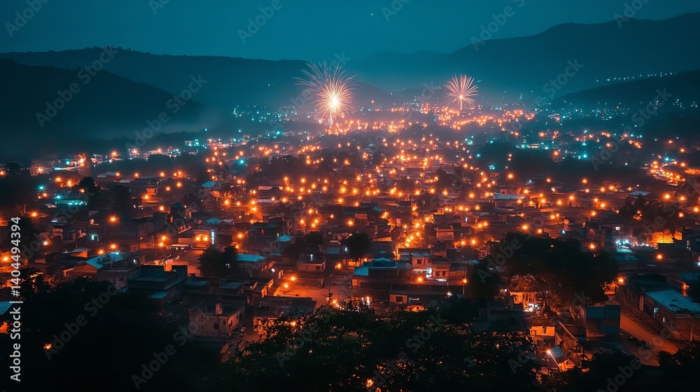 Fototapeta premium Nighttime Cityscape with Fireworks Over Hills