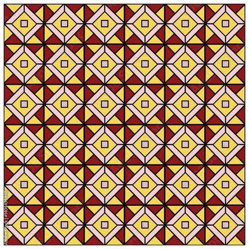 A vibrant geometric pattern featuring alternating red, yellow, and pink diamond shapes, creating a visually appealing tiled design.