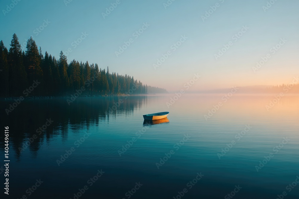 Obraz premium serene lake scene with single rowboat gently gliding across water