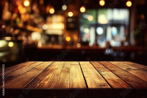 Rustic wooden bar table top, out of focus background