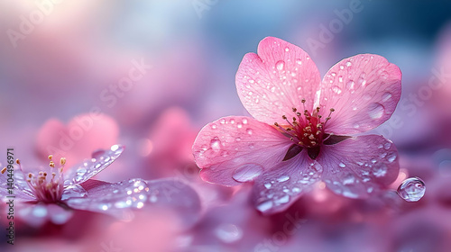 Close Up of Pink Flowers with Dew Drops
