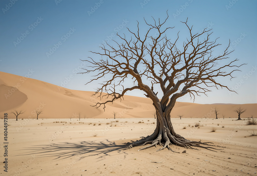 Desert landscape photography: dead tree in arid climate with sand dunes and sky