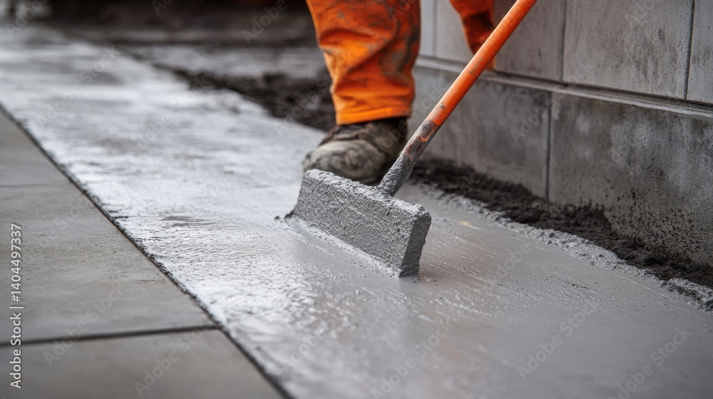 Concrete worker pouring cement for a sidewalk. Featuring cement work and outdoor construction Concrete worker pouring cement for a sidewalk. Featuring cement work and outdoor construction