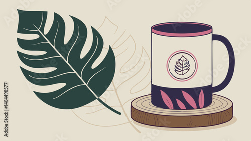Dark pink mockup mug on wooden stand with green leaf, mug with copy space for logo, text or design. Neutral beige background vector illustration.
