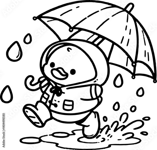 Duckling Rainy Day Adventure. Coloring Book Page. Cartoon Illustration.	