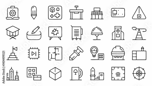 Detailed blueprint icon designs ideal for visualizing construction concepts city planning and technical documentation in a clean style