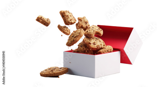 Freshly baked cookies spilling out of a festive box. transparent background