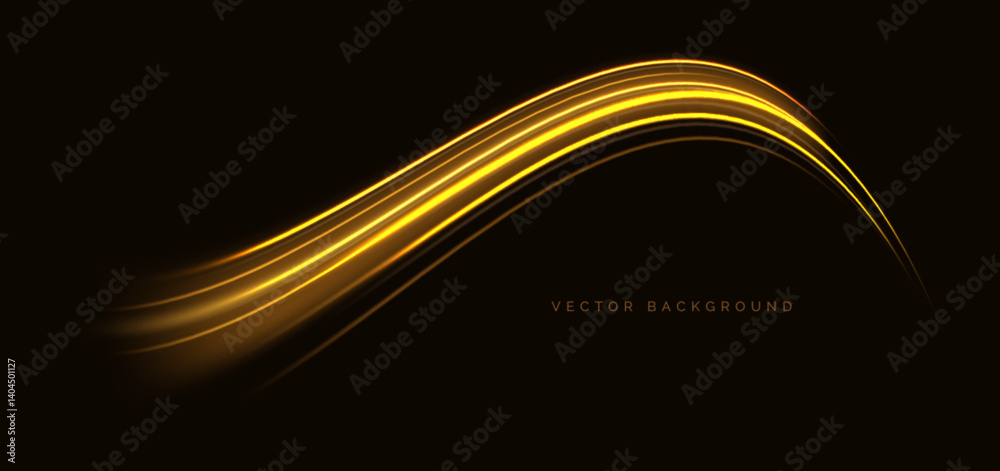 Gloden curved glowing overlapping on dark background. Luxury glod neon light ray.