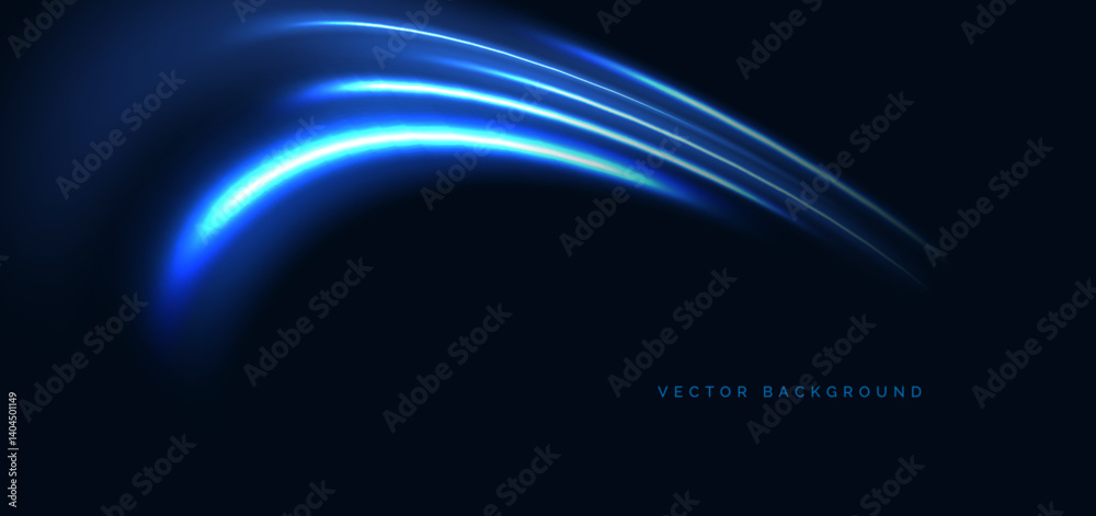 Obraz premium Blue neon curved rays glowing on dark blue background. Speed motion moving concept.