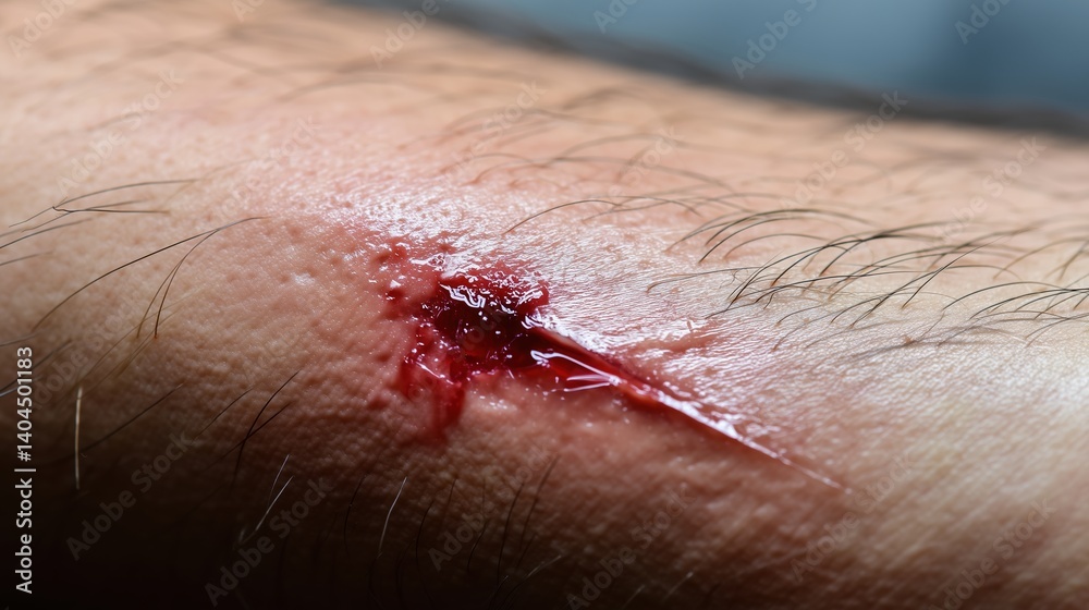 Fototapeta premium Close-up of fresh bleeding wound with oozing red blood on human inner thigh, showing detailed skin texture with sparse body hairs and mild inflammatory pinkish discoloration. Medical injury concept fo