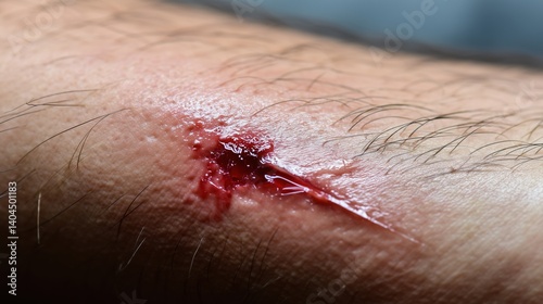 Close-up of fresh bleeding wound with oozing red blood on human inner thigh, showing detailed skin texture with sparse body hairs and mild inflammatory pinkish discoloration. Medical injury concept fo