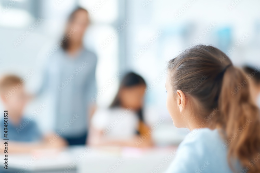 teacher and students engaged in interactive learning with blurred people in background embodying sense of focused concentration teacher and students engaged in interactive learning with blurred people in background embodying sense of focused concentration