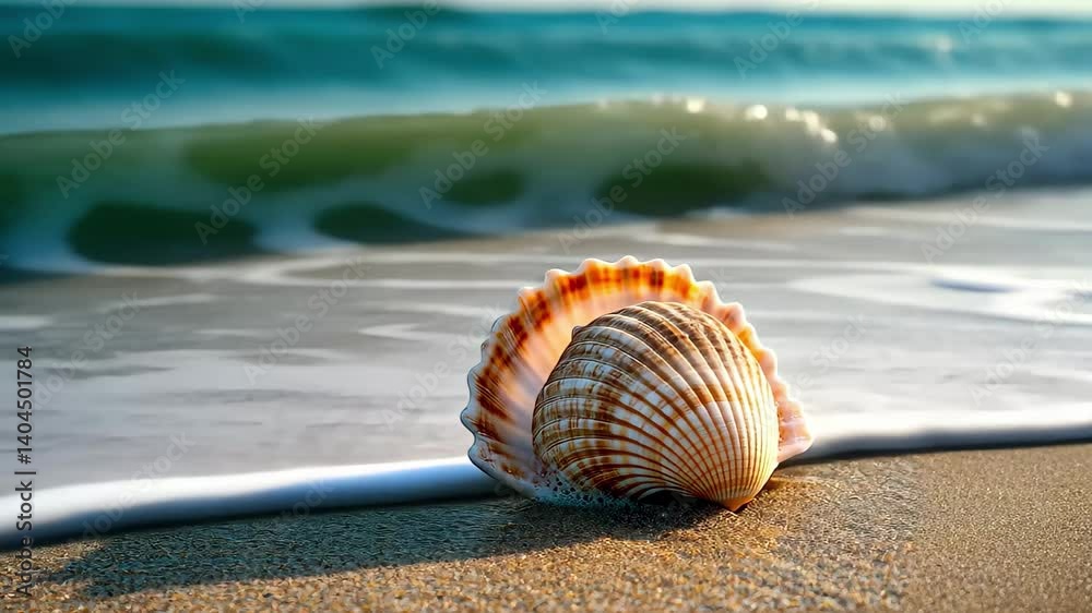Closeup of a seashell resting on sandy beach as waves gently lap the shore during a sunny day, Closeup of seashell on sandy beach near ocean waves