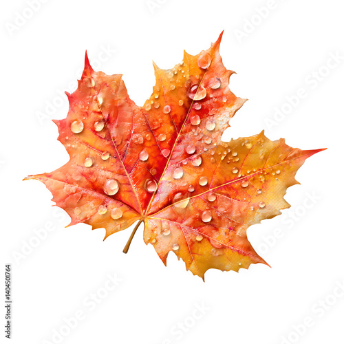 Autumn maple leaf with water drops isolated on transparent background