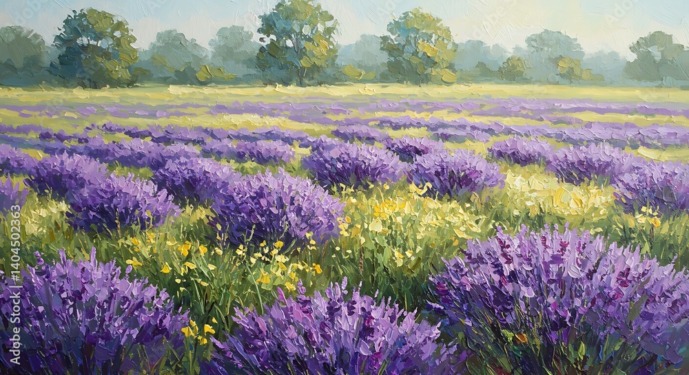 Obraz premium Sunlight on Lavender Fields: A Vibrant Impressionist Landscape AI Generated