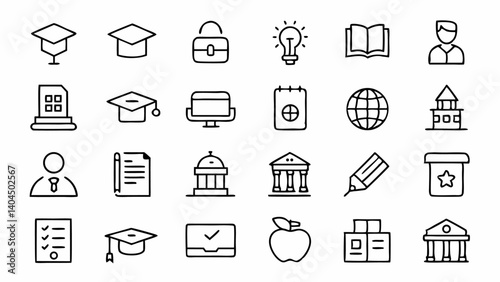 Explore a comprehensive collection of education-themed outline icons ideal for higher education platforms and academic-related content