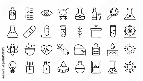 Stylized collection of laboratory line icons in outline format suited for experiments educational design and scientific documentation