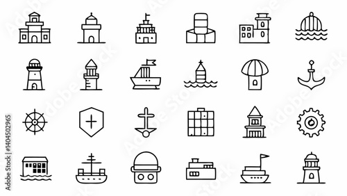 Set of marine port themed outline icons ideal for ocean transport harbor services shipping industries and maritime digital graphics