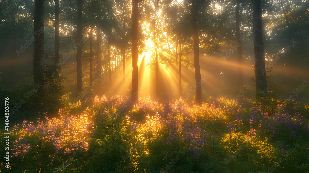 Obraz premium Golden Sunrise Beams in Misty Forest with Purple Flowers