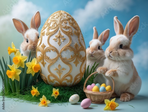 Adorable Easter Bunnies with Decorated Egg and Basket