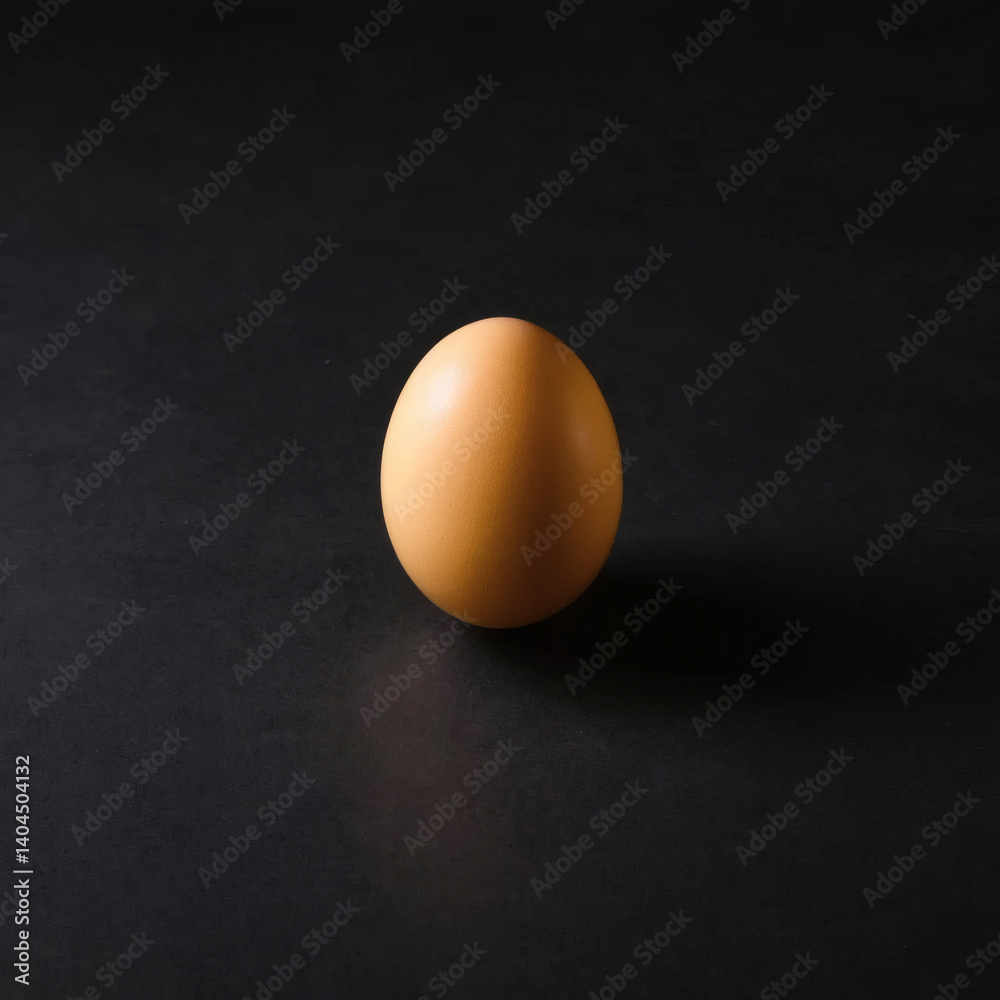 Single yellow egg standing upright on a dark black background with dramatic lighting and shadow contrast Single yellow egg standing upright on a dark black background with dramatic lighting and shadow contrast