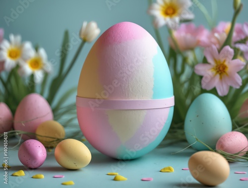 Pastel Easter Eggs with Flowers, Spring Decoration