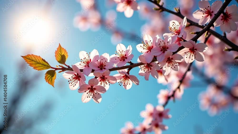 Cherry blossom branch blooming against bright blue sky with sunlight and copyspace on left side concept of spring renewal nature wellness greeting background travel destination branding Cherry blossom branch blooming against bright blue sky with sunlight and copyspace on left side concept of spring renewal nature wellness greeting background travel destination branding