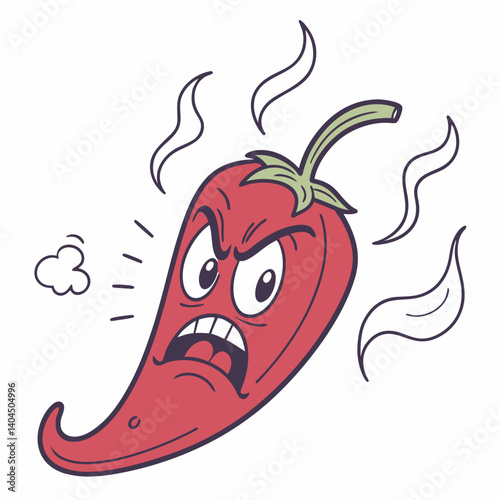 Angry Spicy Red Pepper with Steam and Fire Face – Trendy and Humorous Vector Cartoon for T-Shirt Design