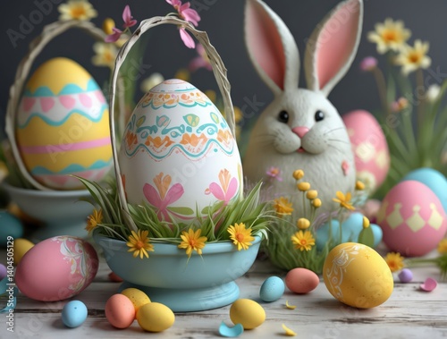 Easter Bunny and Decorated Eggs Still Life
