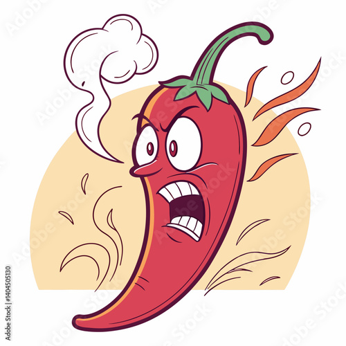 Angry Spicy Red Pepper with Steam and Fire Face – Trendy and Humorous Vector Cartoon for T-Shirt Design